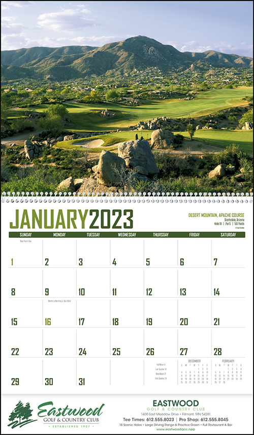 golf Spiral Bound Wall Calendar for 2023